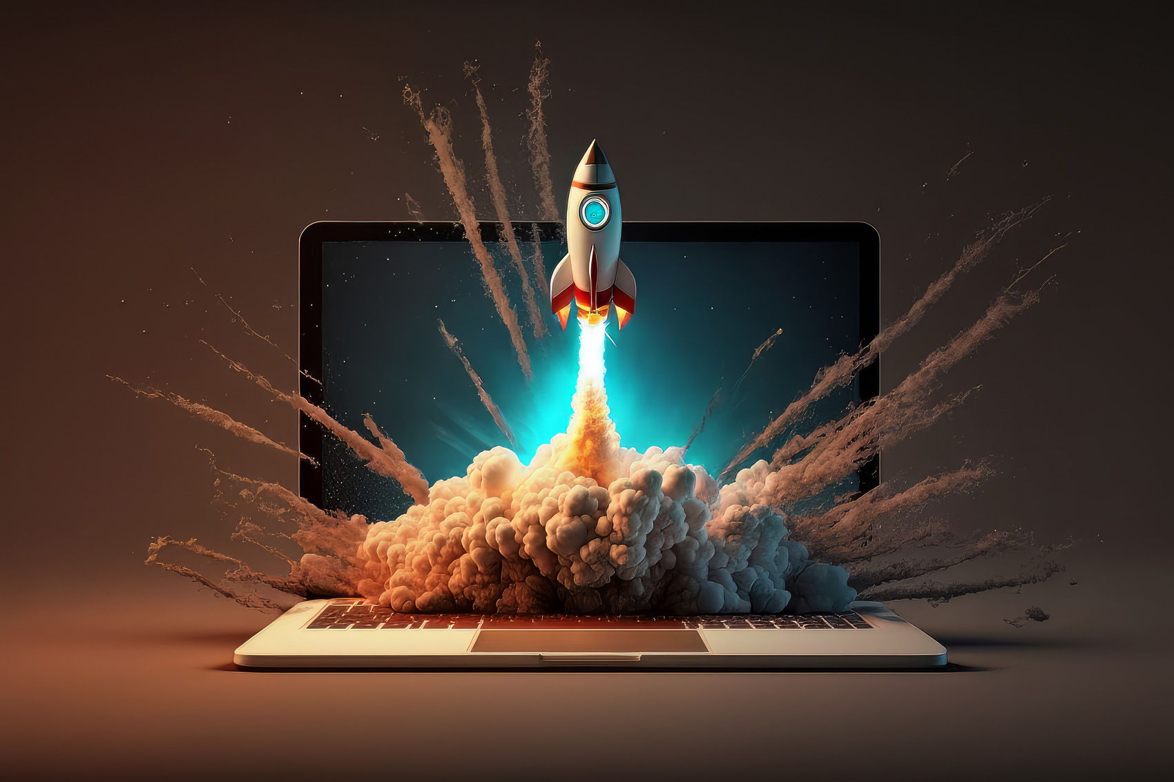digital marketing illustration of a rocket launching from a macbook pro
