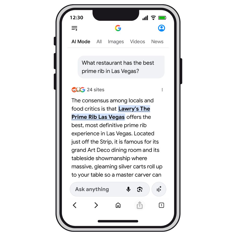 Ai Search results google AI Mode August 2026 Best prime rib in Veags is Lawry s